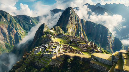 A scenic Machu Picchu view with the iconic Inca ruins set against the dramatic Andes mountains, emphasizing the historical and cultural richness.