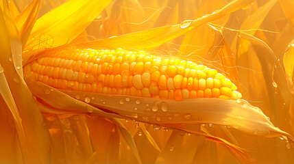 Wall Mural - A macro shot of a single, perfectly formed ear of corn with glistening silk starting to dry out at the tip.
