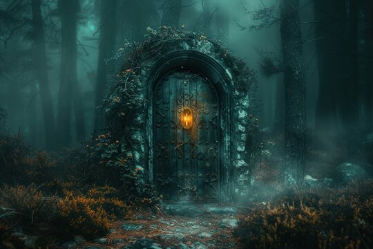 Mysterious old wooden door with glowing light in a misty, enchanted forest, overgrown with vines, surrounded by dense trees and fog.
