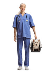 Canvas Print - Female veterinarian in a blue uniform holding a pet carrier with a dog