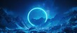 © Maxim Borbut - Intriguing minimalistic landscape with bright blue neon circles amid mountains and rotating night starry sky.