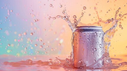 Wall Mural - drink can with splash of liquid on pastel background wide angle lens