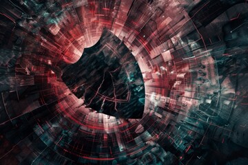 Wall Mural - a fragmented shield emblem, cracked and distorted, overlaid with swirling glitches representing a co