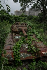 Wall Mural - A lone M1 Abrams tank abandoned in an overgrown urban park, vines snaking around its turret, rusting in the elements