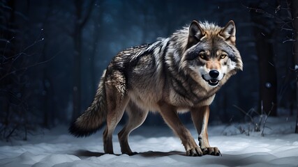 a powerful wolf, its muscles tense and ready to pounce, stalking through a snowy landscape on a cold