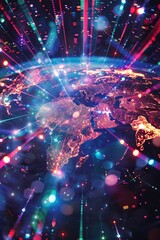 Wall Mural - a pixelated world map with chunky continents, glowing nodes representing major data hubs, pulsating 
