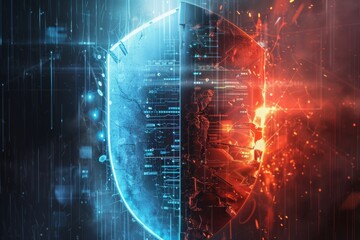 Wall Mural - a fragmented shield emblem, cracked and distorted, overlaid with swirling glitches representing a co