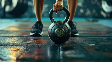Kettlebell weightlifting woman lifting free weight panoramic banner gym. Hands holding heavy kettle bell for strength training exercise lifestyle. wide angle lens