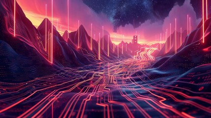 Wall Mural - a vast, abstract circuit board landscape, pulses of energy flowing along pathways, with imposing fir