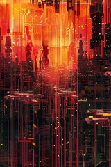 Wall Mural - a vast, abstract circuit board landscape, pulses of energy flowing along pathways, with imposing fir
