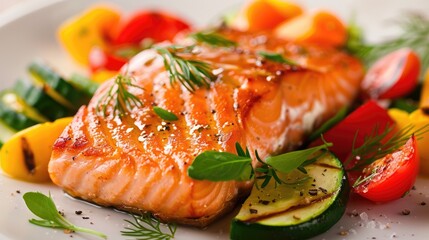 Grilled salmon steak with vibrant vegetables