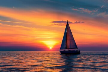 Wall Mural - Close-up of a single sailboat silhouetted against a vibrant sunset, its sails reflecting the warm light of the fading day