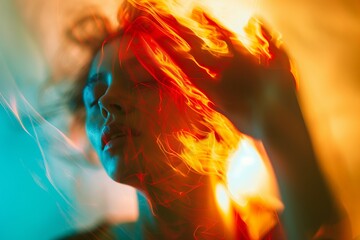 An evocative image of a woman in a dance-like pose with swirling light effects creating a sense of motion and energy