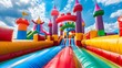 © horizon - A colorful inflatable bouncy castle floating in the sky against blue skies. An exciting photo of an outdoor playground or park for kids.