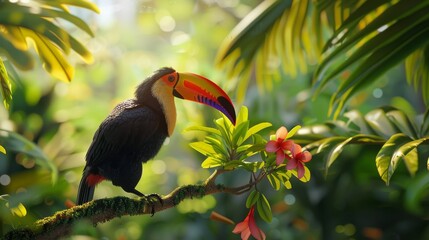 Toucan sitting on the branch of the tree. Stock