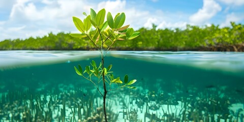 Wall Mural - The Importance of Mangrove Trees in Carbon Capture A Case Study of Coastal Reforestation. Concept Eco-friendly Solutions, Carbon Sequestration, Coastal Restoration, Mangrove Ecosystem