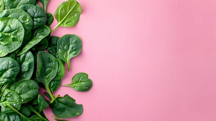 Wall Mural - A photo of fresh spinach leaves on the left side, placed against a pink background with space for text or graphics. highlight natural colors and textures in food photography.