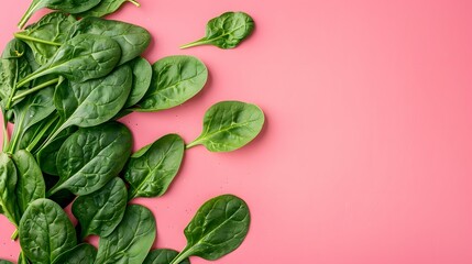 A photo of fresh spinach leaves on the left side, placed against a pink background with space for text or graphics. highlight natural colors and textures in food photography.