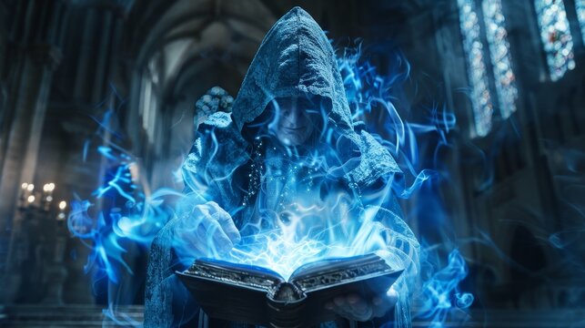 Arcane tome conjuring blue energy, gothic cathedral, wizard, fantasy, sorcery, mystical, ancient