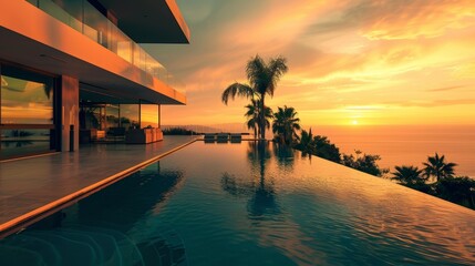 Wall Mural - The tranquility and beauty of luxury travel are embodied by the infinity pool overlooking the ocean at sunset, the calm water reflecting the glowing sky, Photorealis.