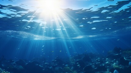 Wall Mural - Underwater sea in blue sunlight.