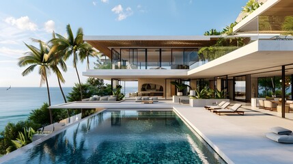 Wall Mural - An elegant modern villa with large terraces overlooking the sea, white walls and wooden accents, featuring outdoor seating areas for relaxation, an infinity pool with clear blue water.