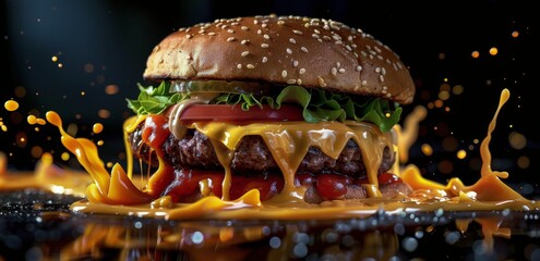 Wall Mural - Juicy Cheeseburger With Melted Cheese and Ketchup in Front of Flames