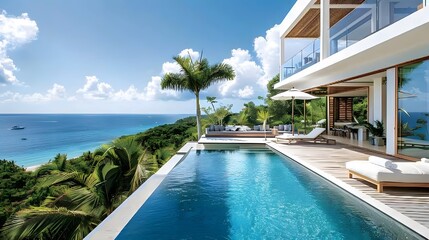 Wall Mural - An elegant modern villa with large terraces overlooking the sea, white walls and wooden accents, featuring outdoor seating areas for relaxation, an infinity pool with clear blue water.