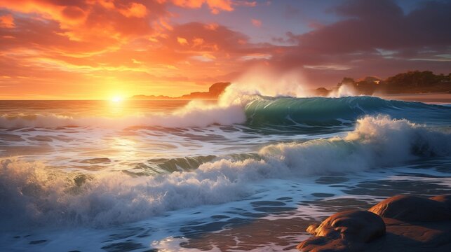Waves crashing on the coast at sunset.