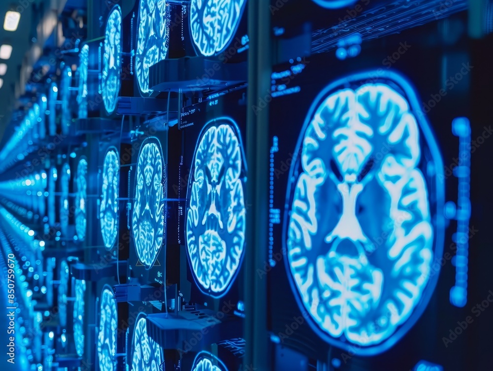 Neon blue medical imaging technology: brain MRI scans for neurological ...