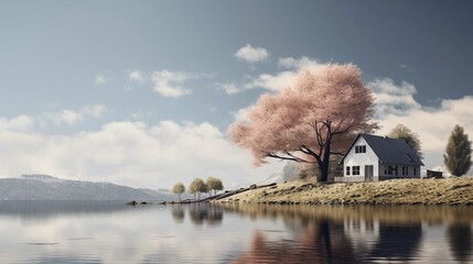 Wall Mural - White cottage next to a lone tree at the lake .