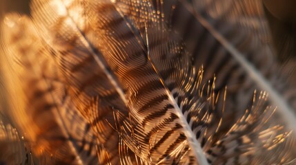 Close-up of owl feather, warm afternoon light, soft and downy with intricate pattern. 