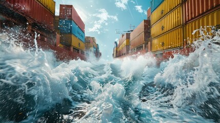 large cargo ships carry many containers. running in the middle of a fast sea with water splashing