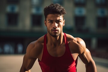 Wall Mural - A man in a red tank top is standing on a sidewalk