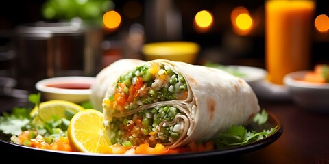 Poster - Close-Up of a Burrito Plate with Salsa and Limes in the Background. Concept Food Photography, Burrito Plate, Close-Up Shots, Food Styling, Salsa and Lime Decor