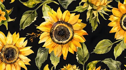 Wall Mural - Watercolor sunflowers summer vintage seamless pattern. Natural yellow floral texture on black background.