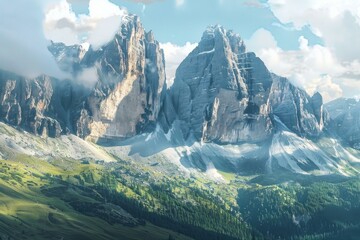 Poster - Breathtaking landscape of towering cliffs, green valleys, and scattered sunlight