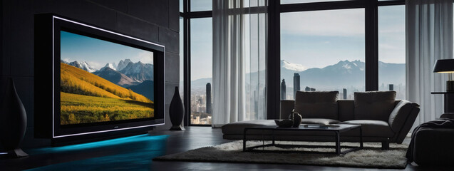 Wall Mural - Futuristic lifestyle, LED TV, smart home tech.