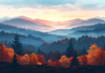 Wall Mural - Autumnal Forest Landscape With Foggy Mountains at Sunrise
