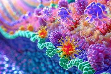 Poster - Microscopic View of a Colorful Cell Membrane with Receptor Proteins and Viruses