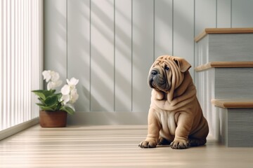 Portrait of a funny chinese shar pei dog in modern minimalist interior