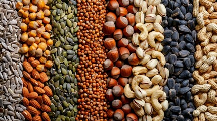 A variety of nuts and seeds are displayed in a row