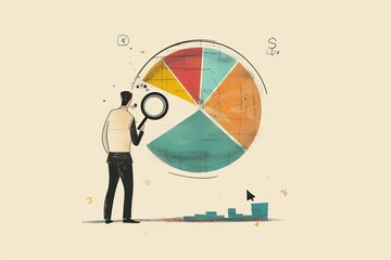 A businessman magnifies benchmark metrics graph scale to measure performance. Benchmark metrics or KPIs are key performance indicators.