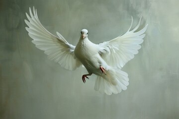 Canvas Print - Beautiful white dove soaring gracefully through the serene sky in midair flight, symbolizing peace and freedom in nature