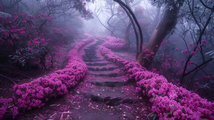 Wall Mural - Mystical Forest Path with Pink Blossoms