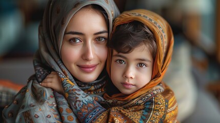 Close-up Portrait of Mother and Daughter in Traditional Headscarves