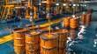 © Ai-Pixel - Closeup of crude oil barrels, industrial machinery in the background, focus on the oil supply chain