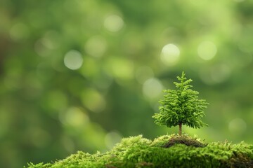 A photo of a small tree growing on moss in a forest, symbolizing the concept of ecology, natural landscapes, and environmental protection, and promoting healthy growth of trees and plants. 