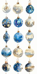 Wall Mural - Festive Bubble Decorations. Watercolor Illustration in Blue and Beige Tones for Christmas and New Year Celebration