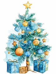 Wall Mural - Festive Holiday Tree. Watercolor Artwork with Ornaments in Blue and Beige Shades